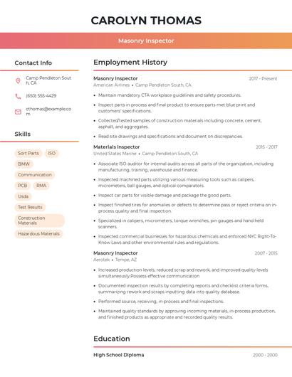 Masonry Inspector Resume