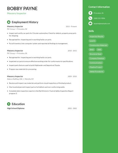 Masonry Inspector Resume