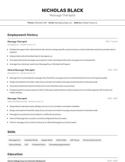Massage Therapist Resume
