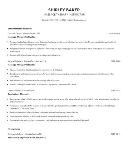 Massage Therapy Instructor Resume