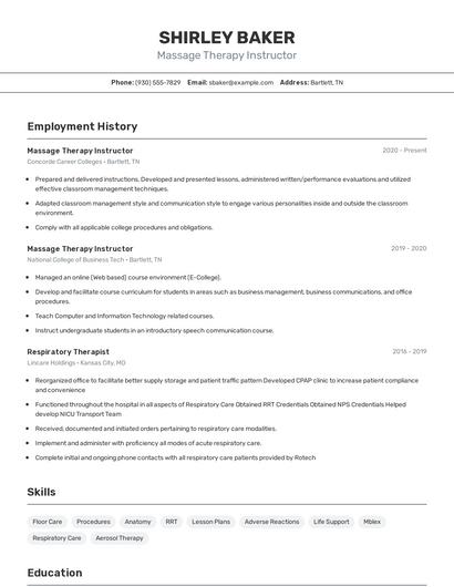 Massage Therapy Instructor Resume