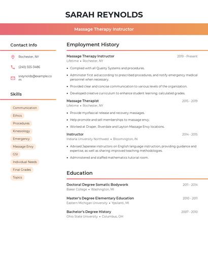 Massage Therapy Instructor Resume