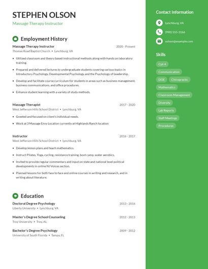 Massage Therapy Instructor Resume