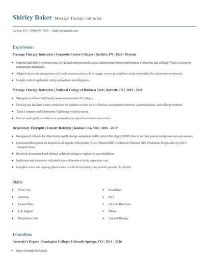 Massage Therapy Instructor Resume