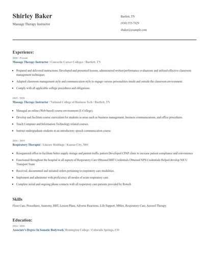 Massage Therapy Instructor Resume