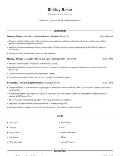 Massage Therapy Instructor Resume