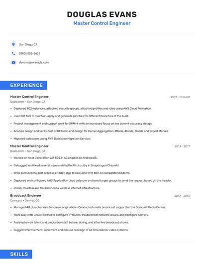 Master Control Engineer Resume