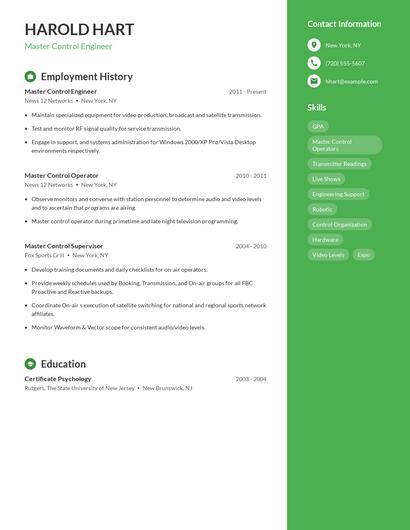 Master Control Engineer Resume