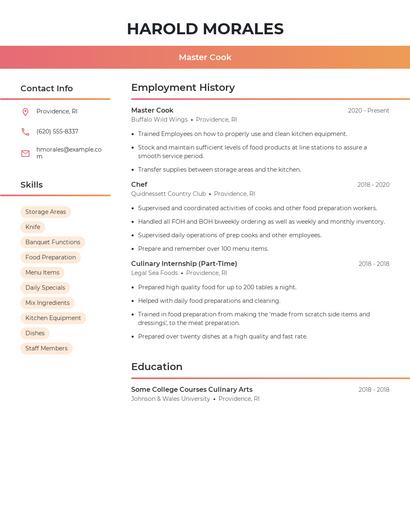 Master Cook Resume