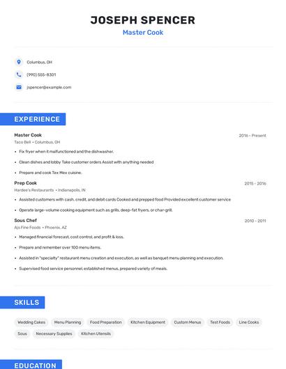 Master Cook Resume
