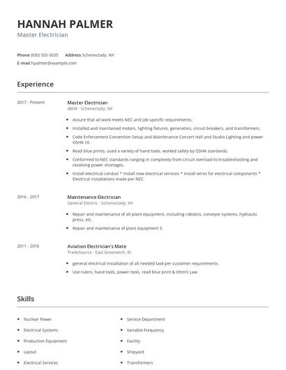 Master Electrician Resume