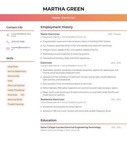 Master Electrician Resume