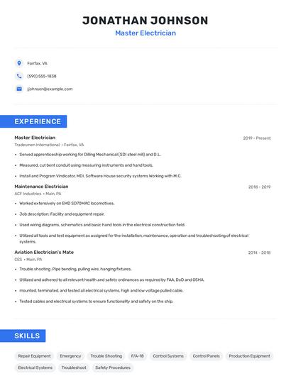 Master Electrician Resume