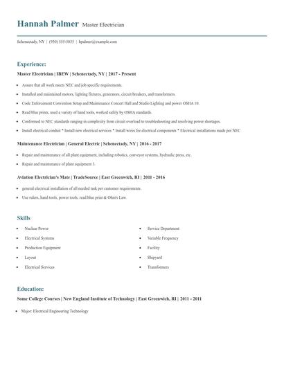 Master Electrician Resume