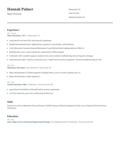 Master Electrician Resume