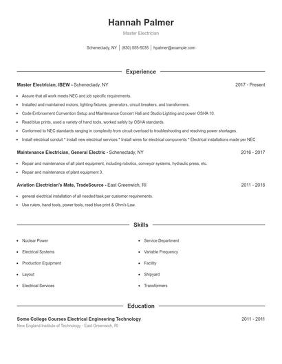 Master Electrician Resume
