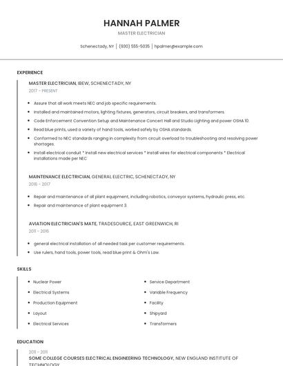 Master Electrician Resume
