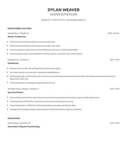 Master Esthetician Resume