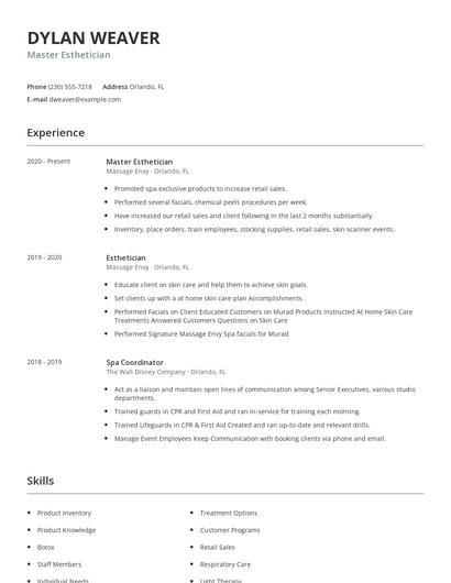 Master Esthetician Resume