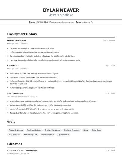 Master Esthetician Resume