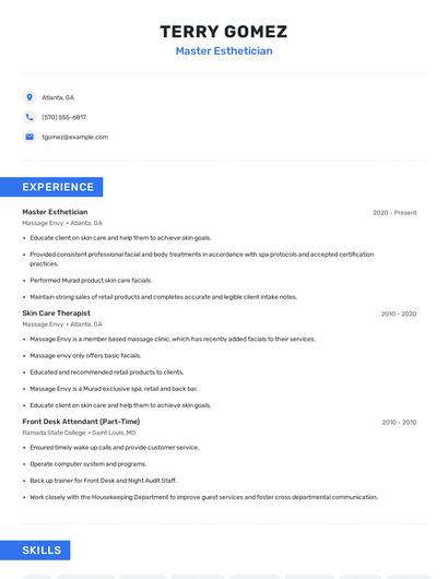 Master Esthetician Resume