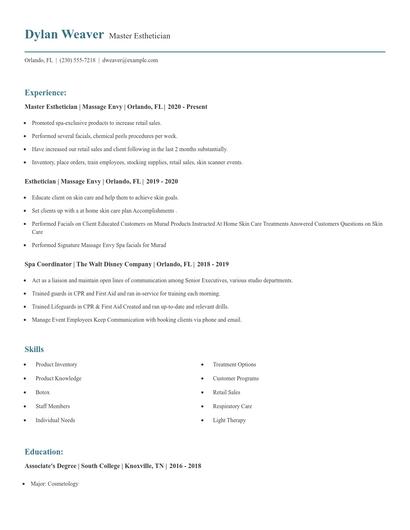 Master Esthetician Resume