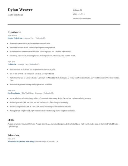 Master Esthetician Resume