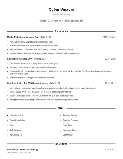 Master Esthetician Resume