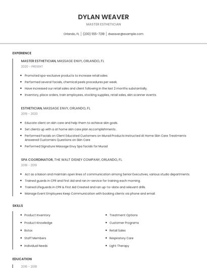 Master Esthetician Resume