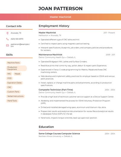 Master Machinist Resume