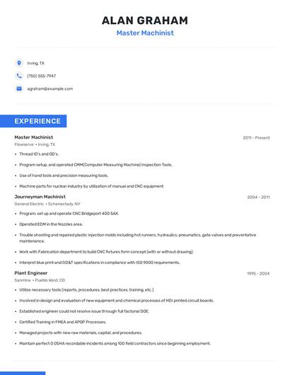 Master Machinist Resume
