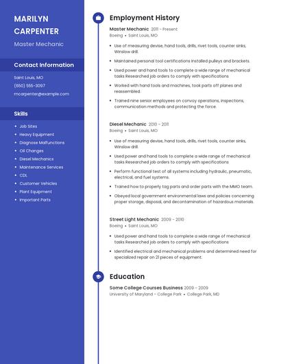 Master Mechanic Resume
