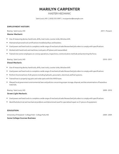 Master Mechanic Resume