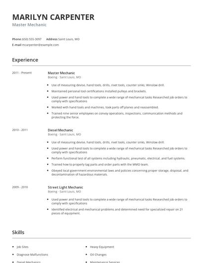 Master Mechanic Resume
