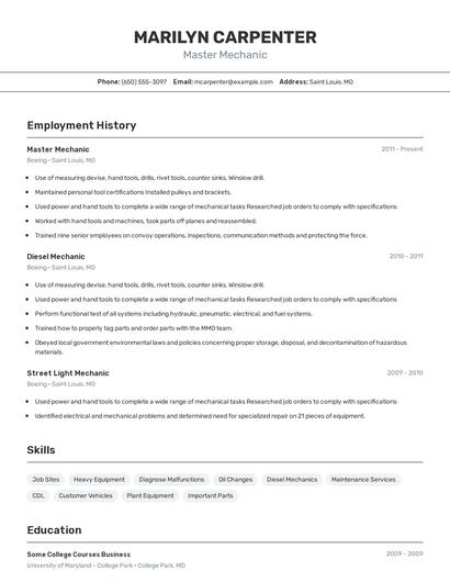 Master Mechanic Resume