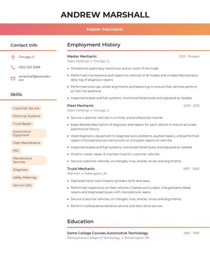 Master Mechanic Resume