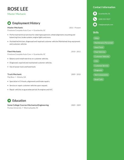Master Mechanic Resume