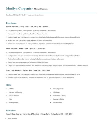 Master Mechanic Resume