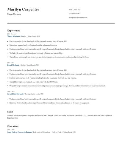 Master Mechanic Resume