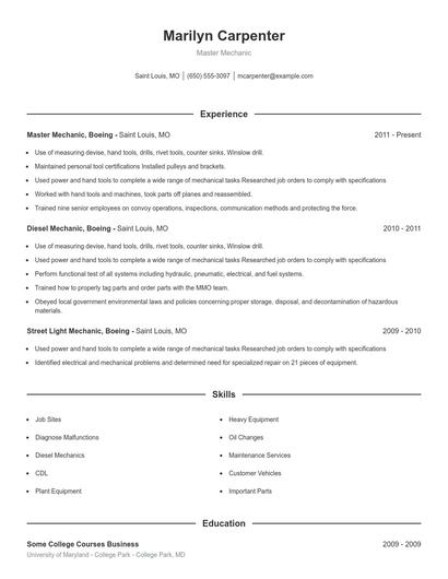 Master Mechanic Resume