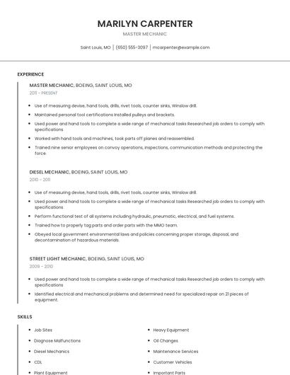 Master Mechanic Resume