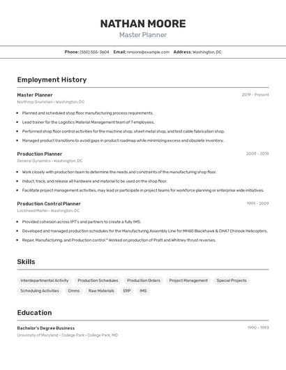 Master Planner Resume