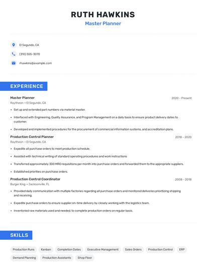 Master Planner Resume