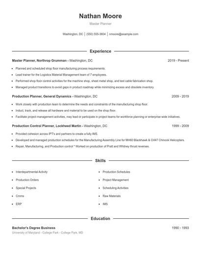 Master Planner Resume