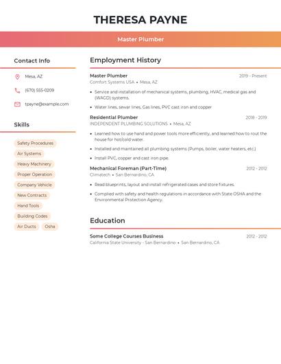 Master Plumber Resume