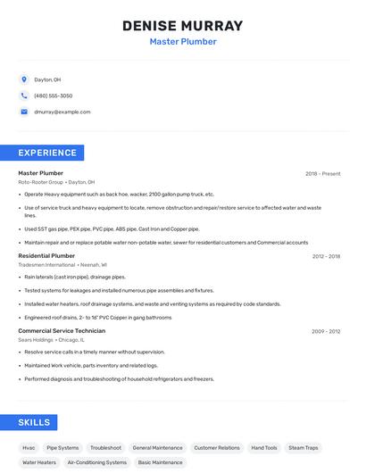 Master Plumber Resume