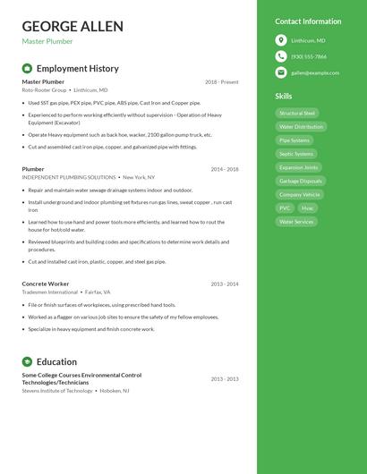 Master Plumber Resume