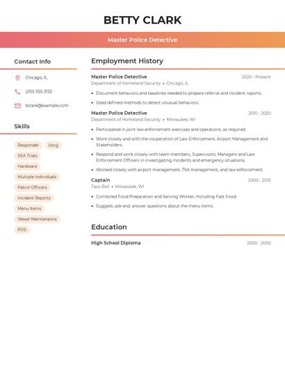 Master Police Detective Resume