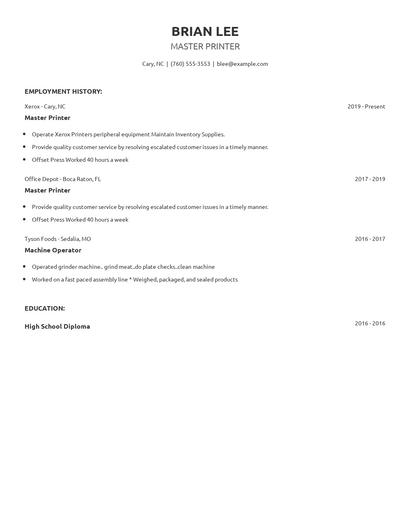 Master Printer Resume