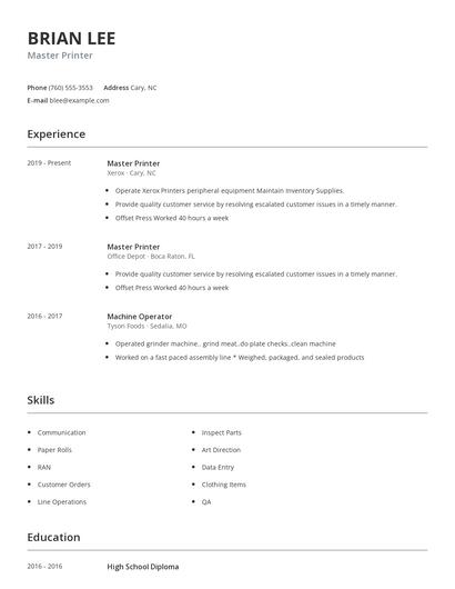 Master Printer Resume